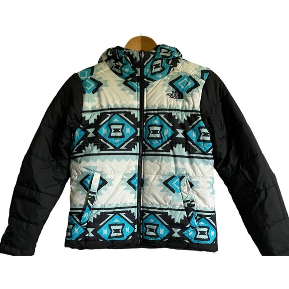 The North Face Kids Hooded Puffer Jacket Aztec Pattern Black & Blue Reversible - Picture 2 of 9